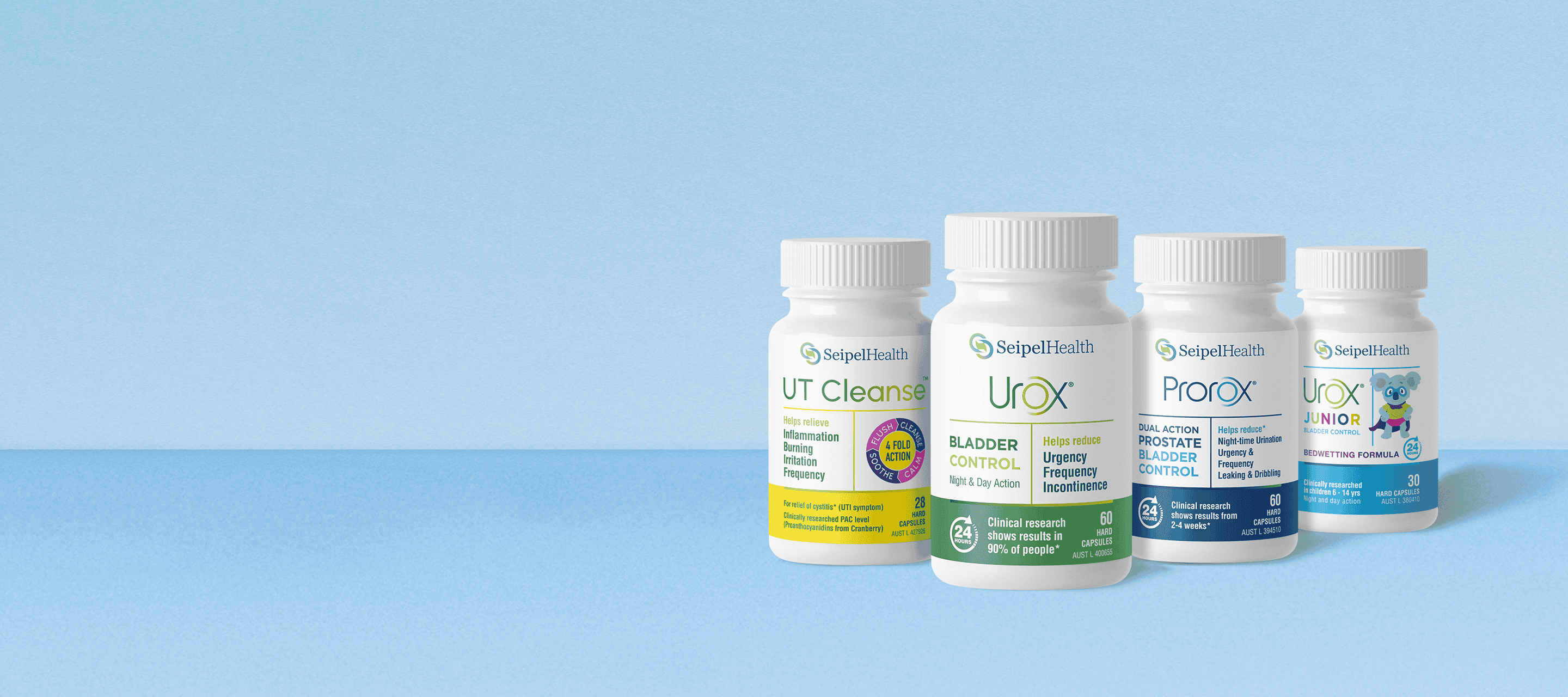 Seipel Health bladder control supplements, including UT Cleanse, Urox® Junior, Urox®, and Prorox displayed against a soft blue background.
