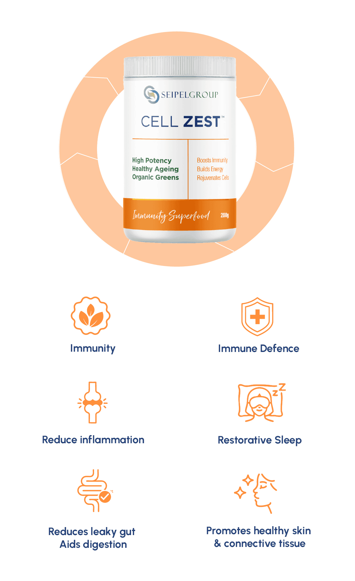 Benefits of Cell Zest including Immunity, Reduces inflammation, Reduces leaky gut, Aids digestion, Immune Defence, Restorative Sleep, Promotes healthy skin & connective tissue.