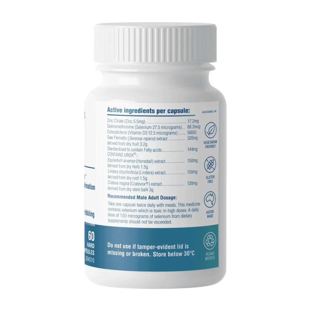 Prorox bottle right side - label includes ingredients and recommended male adult dosage