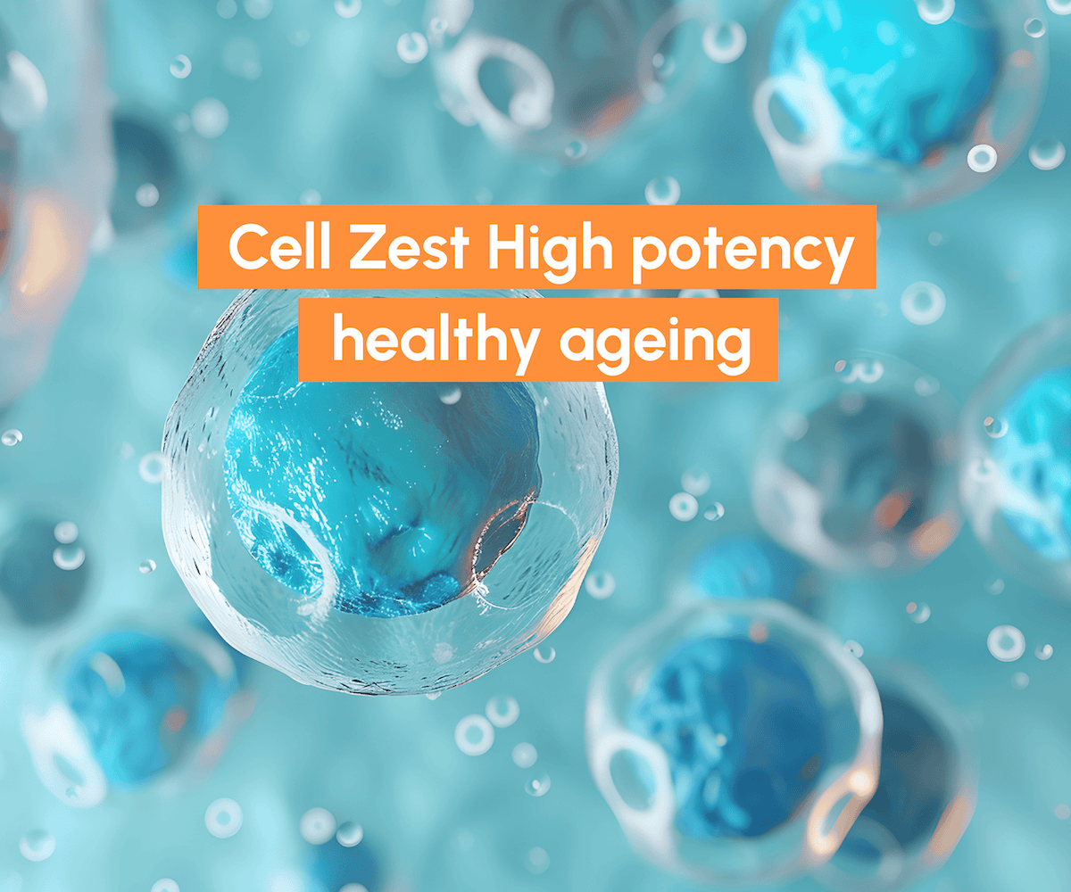 Cell Zest High potency healthy ageing graphic with blue cell bubble background