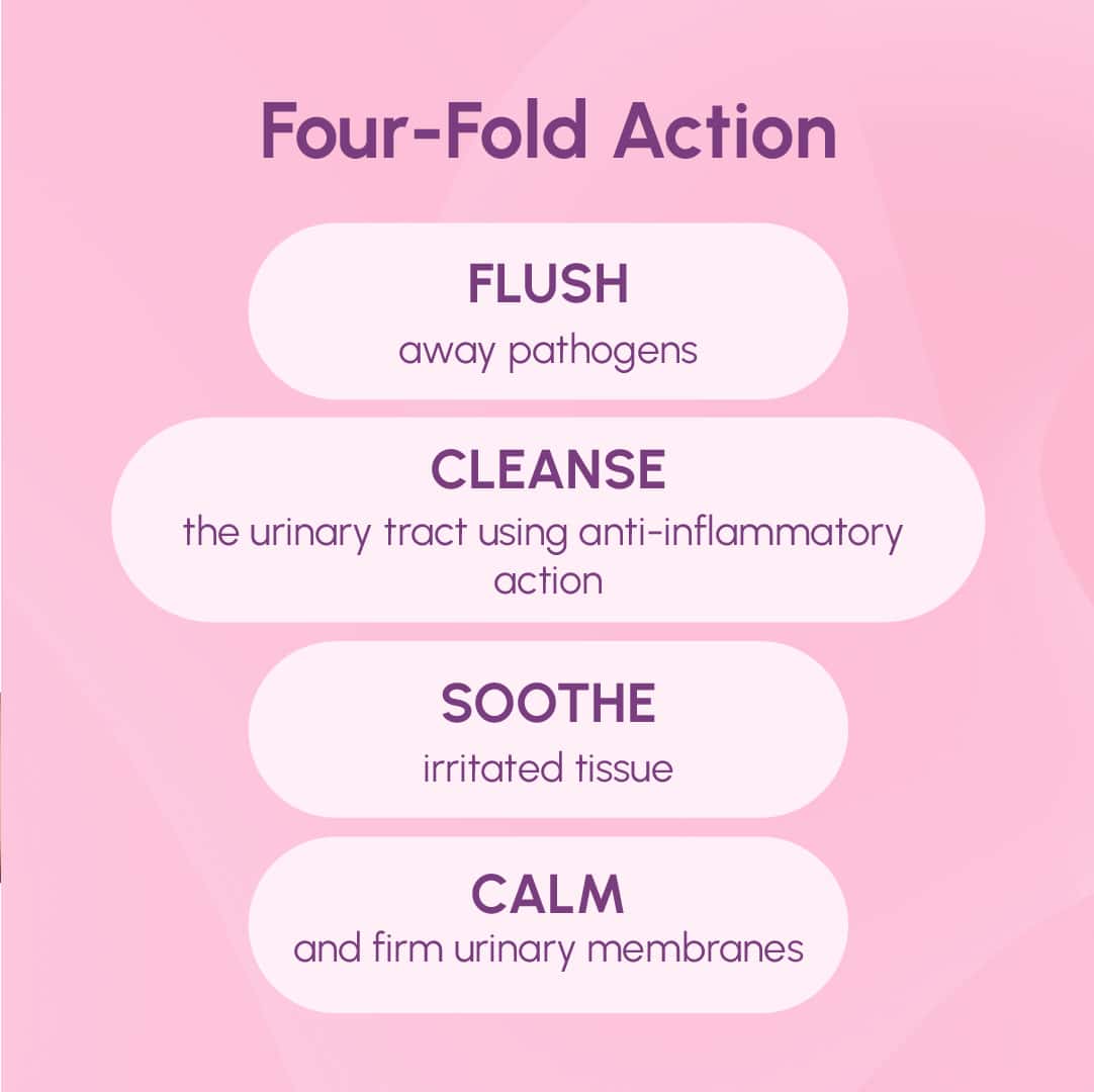 UT Cleanse Four Fold Action. Flush, Cleanse, Soothe, Calm graphic.