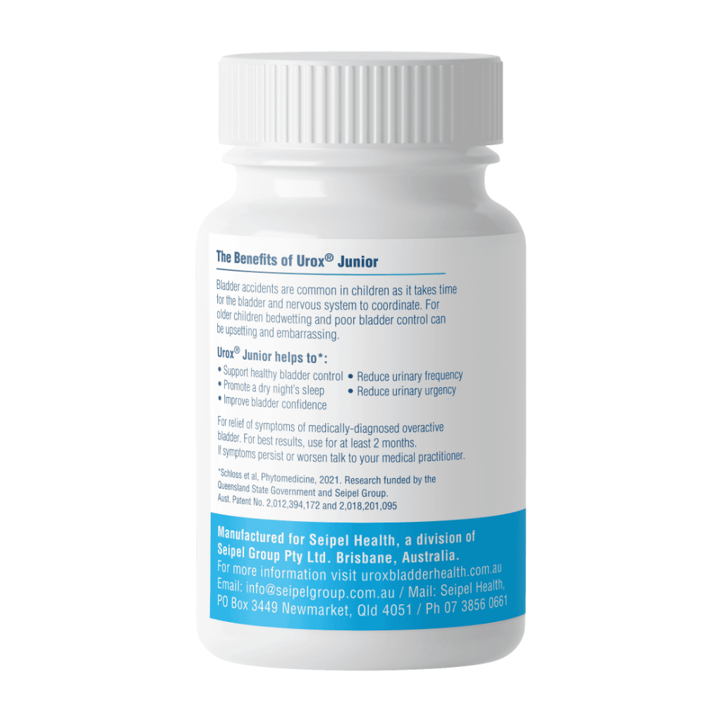 Urox® Junior bottle left side - lists benefits  and how it helps relieve symptoms of medically-diagnosed overactive bladder.