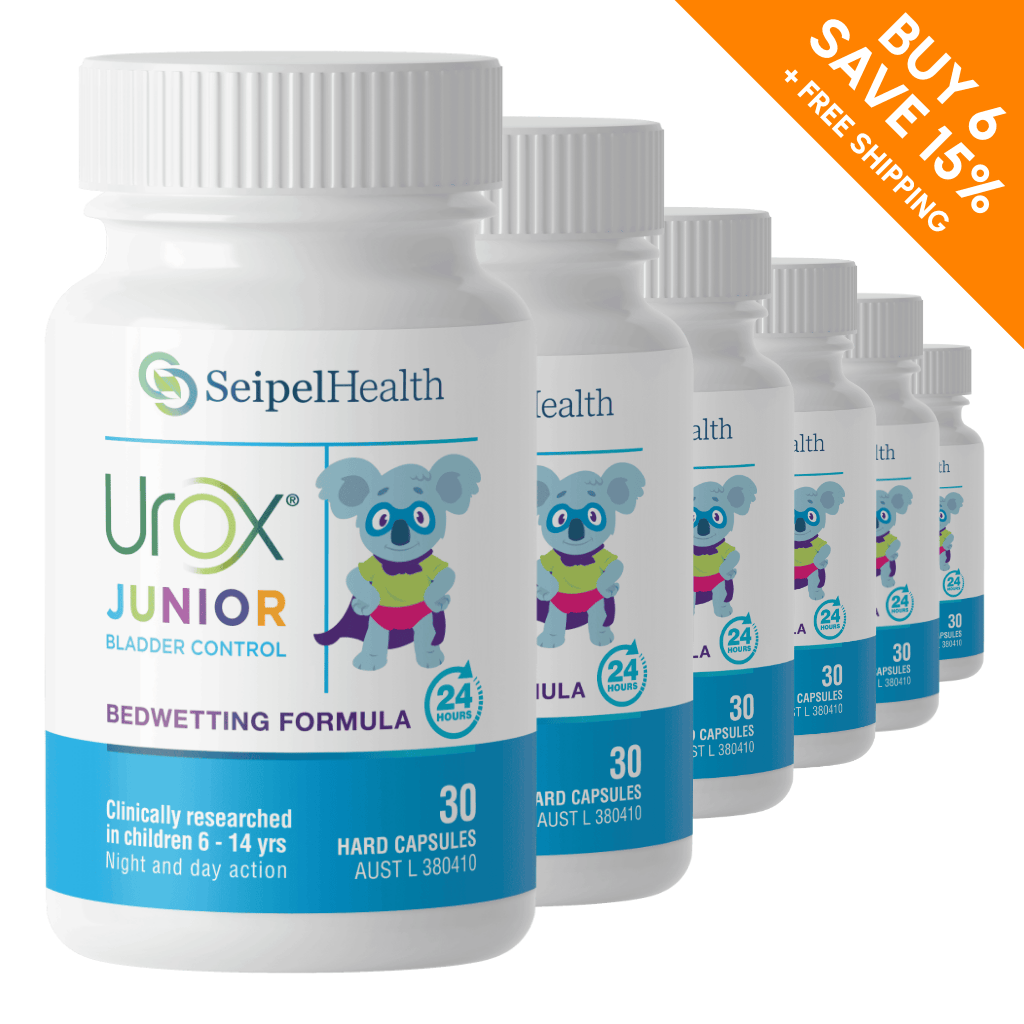 6 Urox® Junior bottles with buy 6 save 15% + free shipping discount graphic