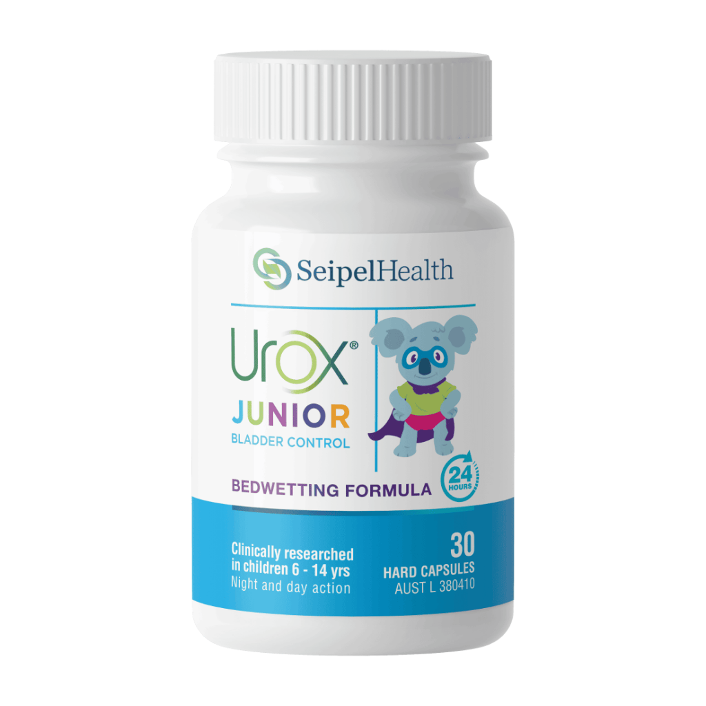 Urox® Junior front of bottle - Bedwetting Formula. Clinically researched in children 6 - 14 years.