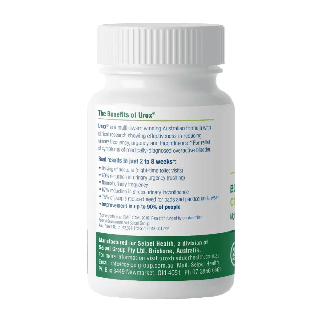 Urox® Bladder Control bottle left side - label includes list of benefits and results in 8 weeks.