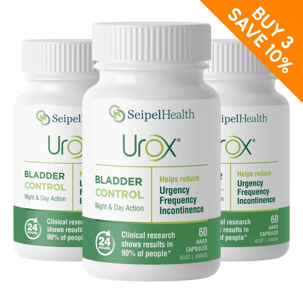 3 Urox Bladder Control bottles with buy 3 save 10% graphic
