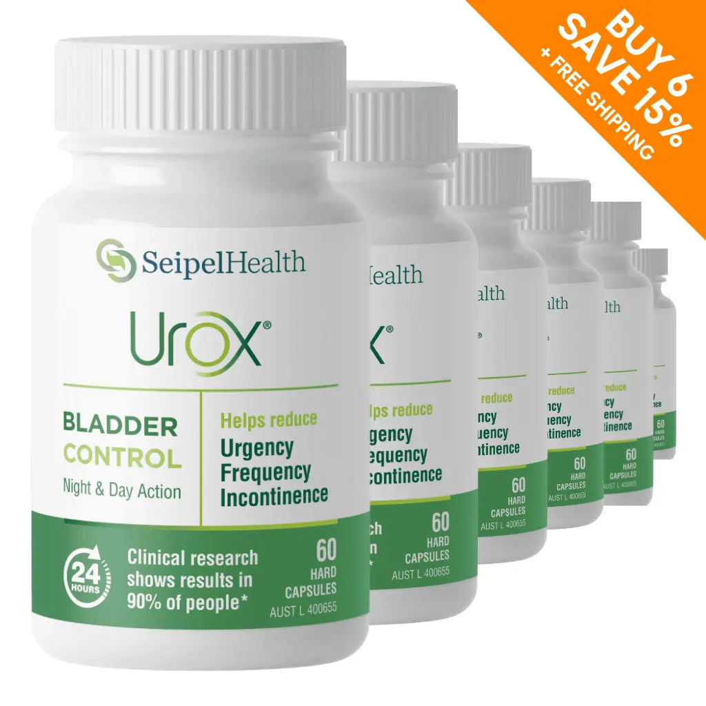 6 Urox Bladder Control bottles with buy 6 save 15% + free shipping graphic