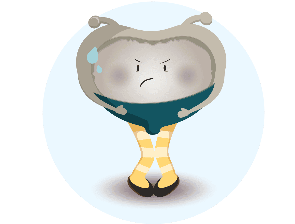 Bladder icon character experiencing accident while working out