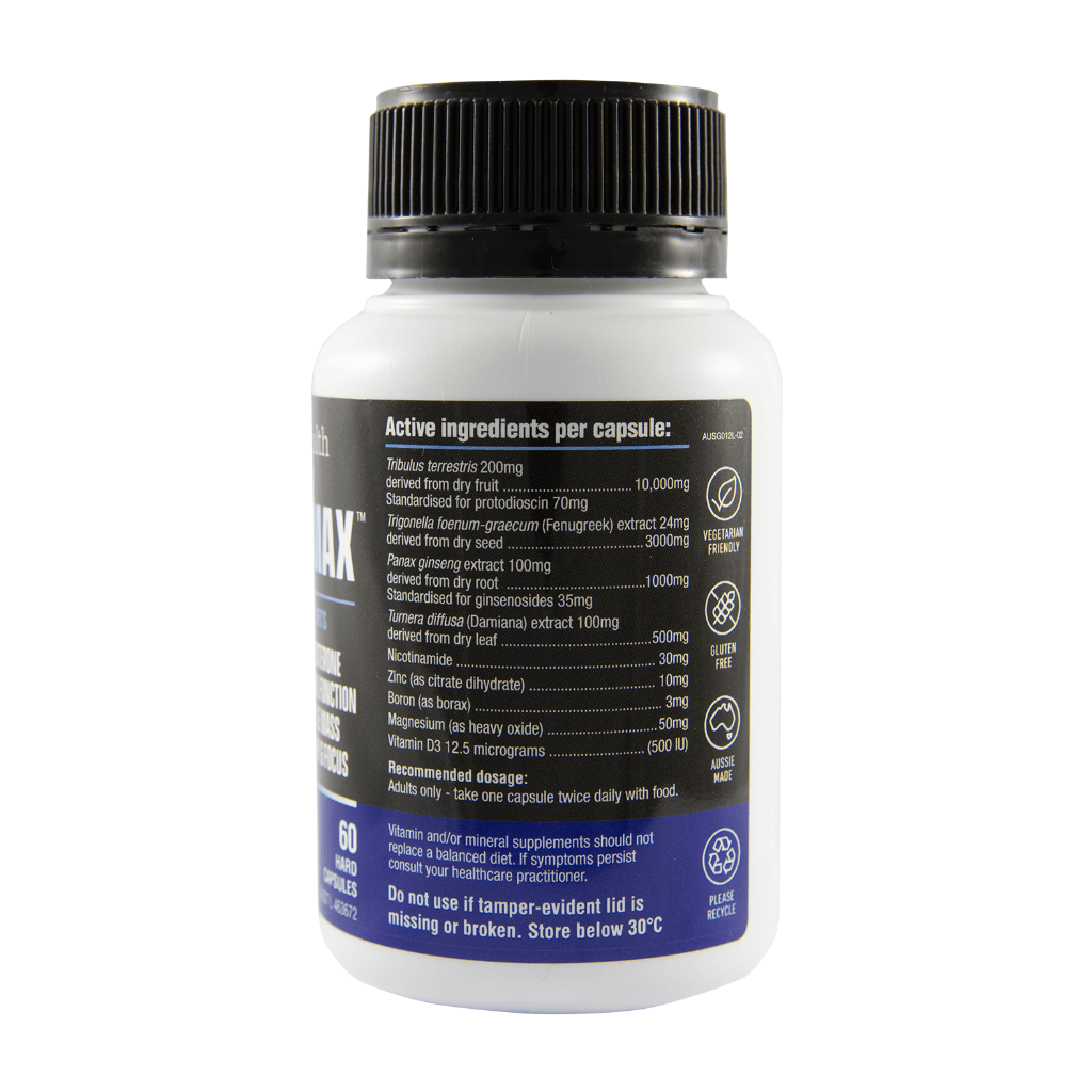 Virility max bottle right side - lists ingredients and recommended dosage