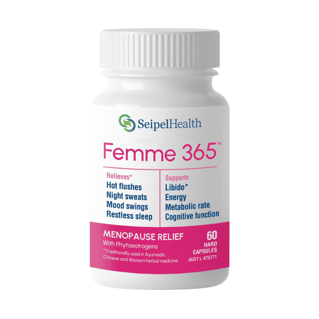 Femme 365 bottle front - for Menopause relief. Helps relieve hot flushes, night sweats, mood swings, restless sleep. Supports libido*, energy, cognitive function.