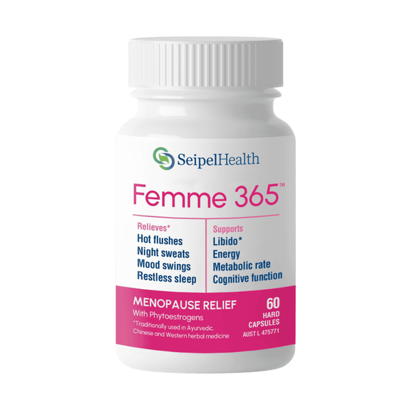 Femme 365 bottle front - for Menopause relief. Helps relieve hot flushes, night sweats, mood swings, restless sleep. Supports libido*, energy, cognitive function.